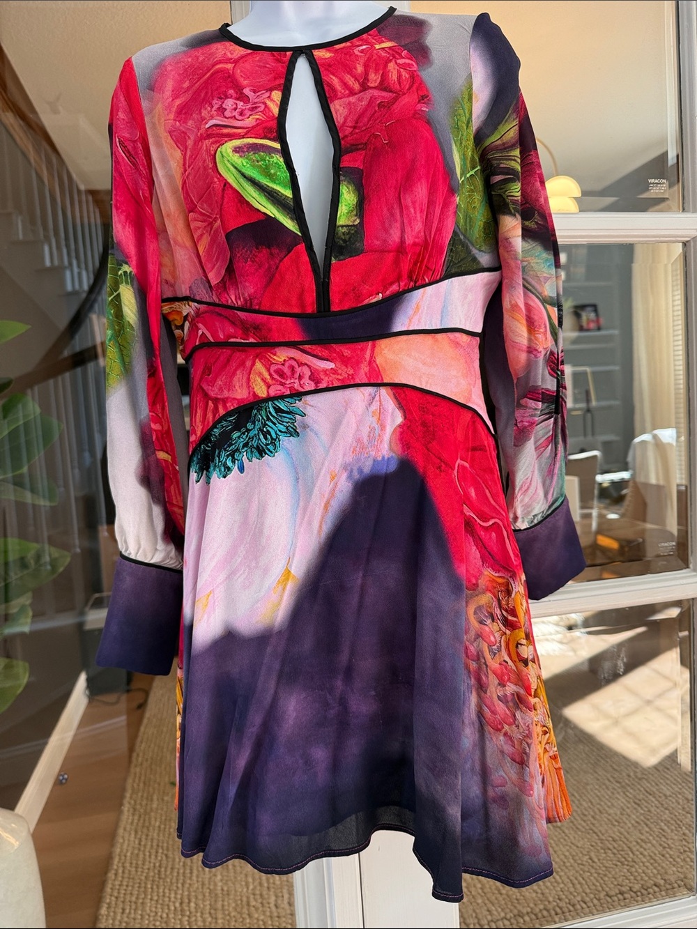 Karen Millen Red and Purple Floral Long-Sleeve Dress